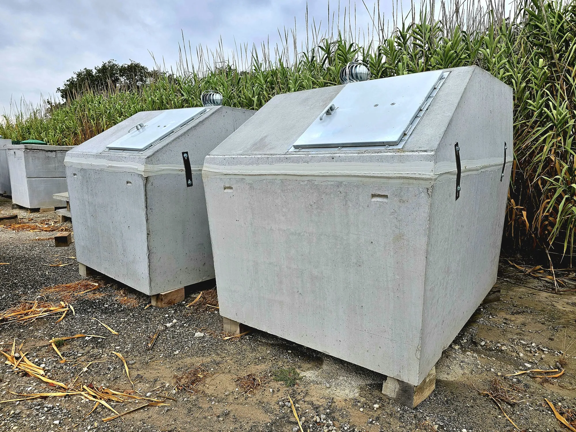 Precast storm shelters on pallets at the Ledford Services yard